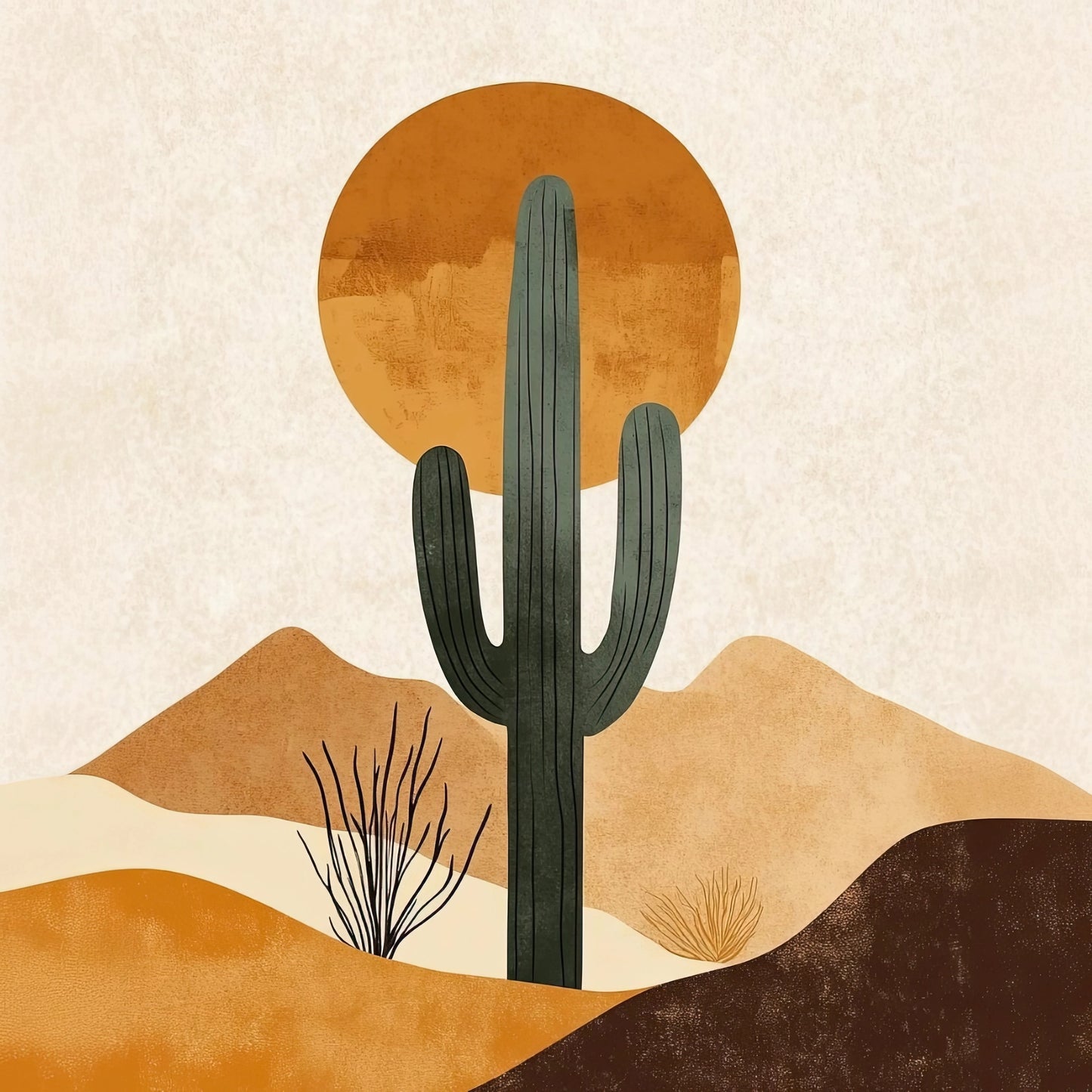 Kunstwerk van grafisch woestijnlandschap met cactus, zon en minimalistische lijnen