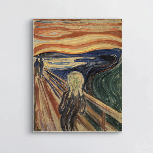 Detail van “De Schreeuw” met vervormde figuur en expressionistische lucht in oranje en blauw