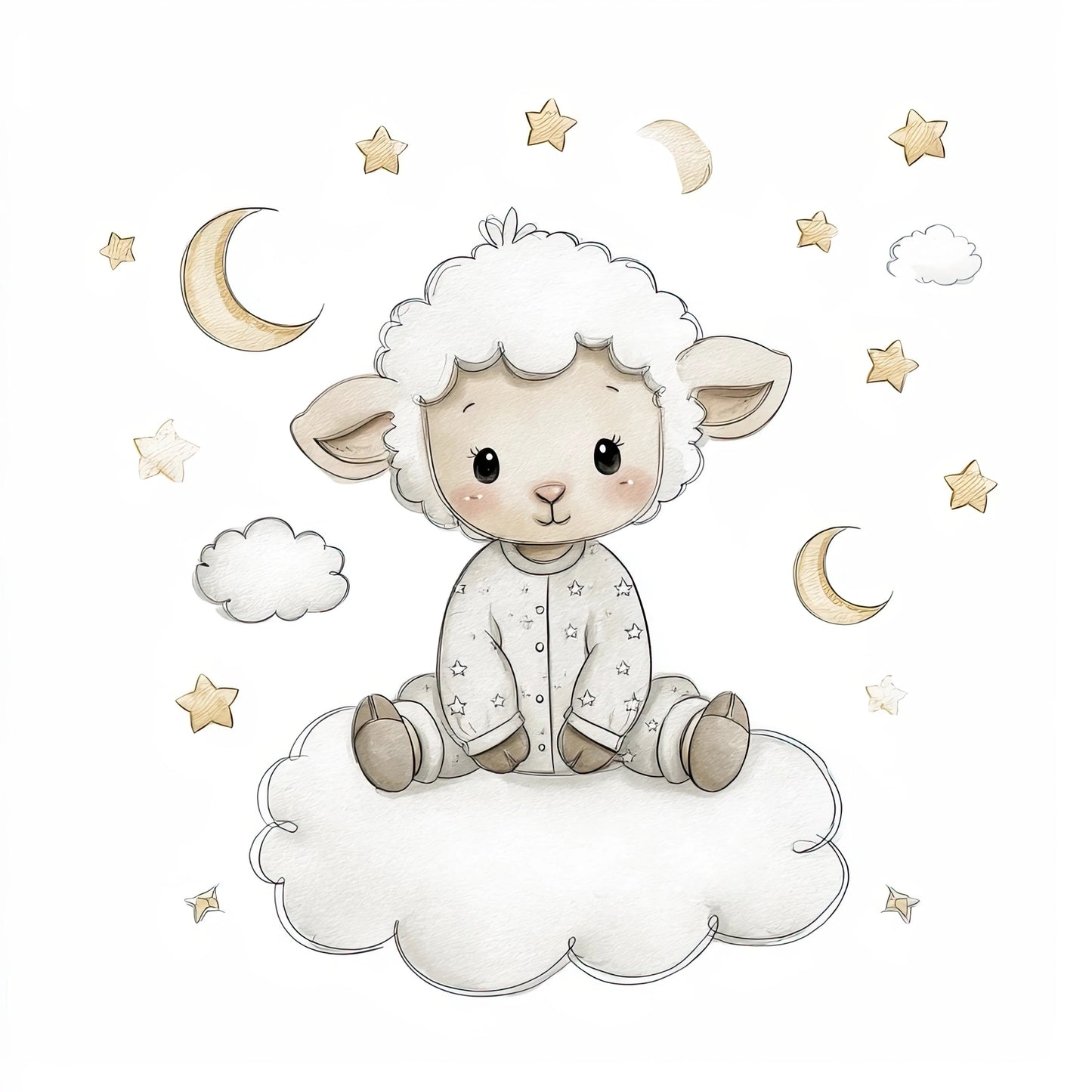 Volledige illustratie van een schattig lammetje op een wolk met gouden sterren en manen, in een speelse en zachte stijl.