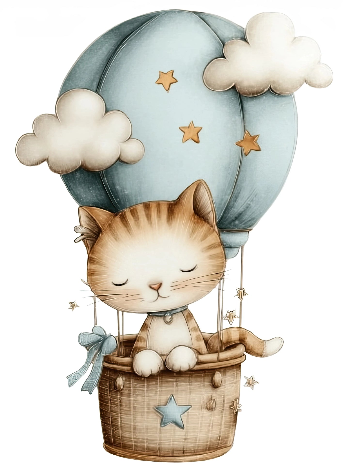 Volledige illustratie van een katje in een luchtballon met wolken en sterren op een witte achtergrond, in een zachte, kinderlijke stijl.