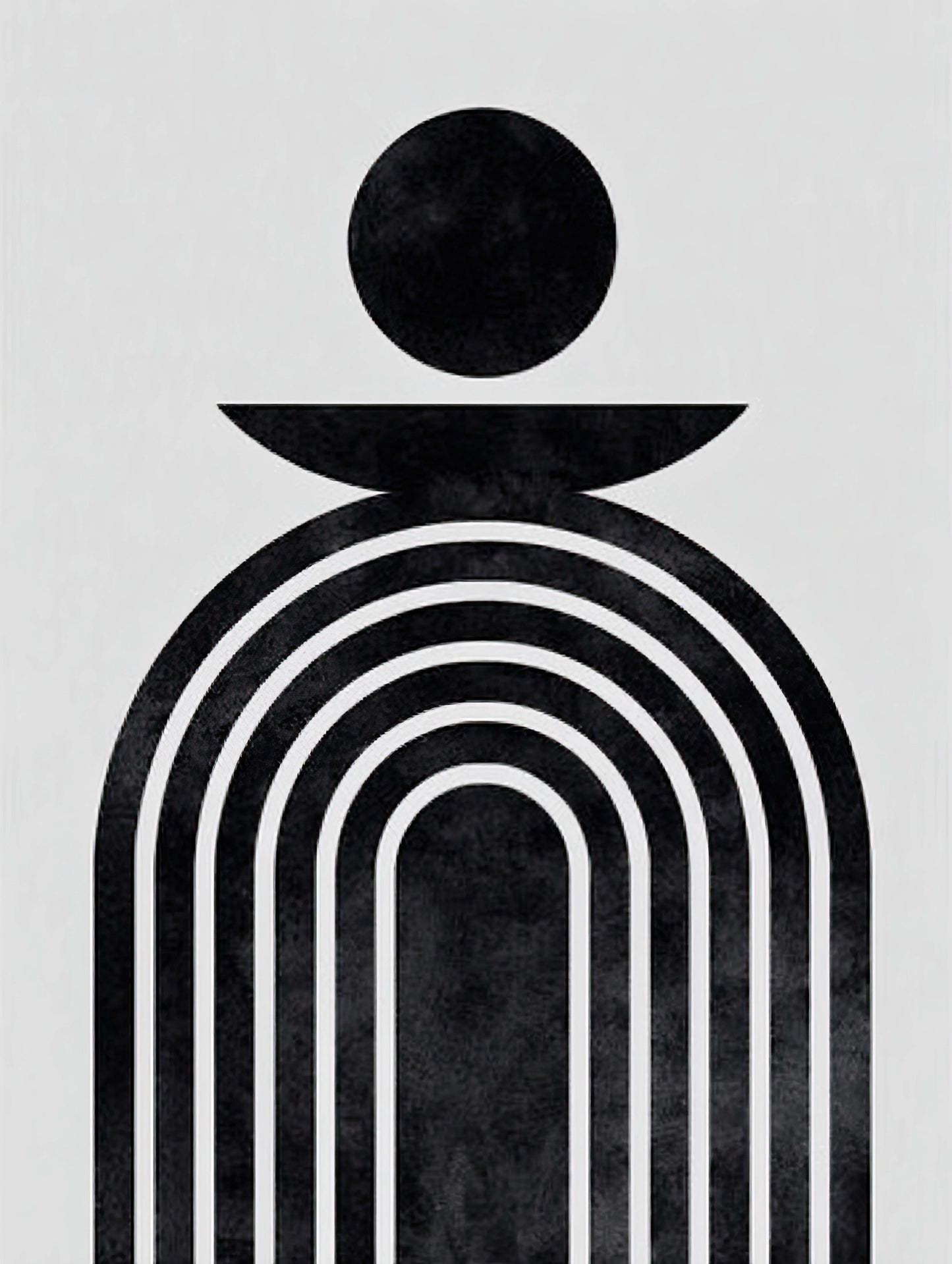 Detail van abstract kunstwerk met zwarte lijnen in boogvorm en massieve zwarte cirkel op witte achtergrond