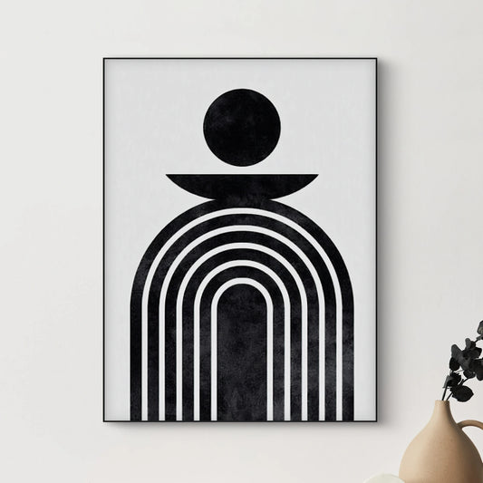 Detail van abstract kunstwerk met zwarte lijnen in boogvorm en massieve zwarte cirkel op witte achtergrond