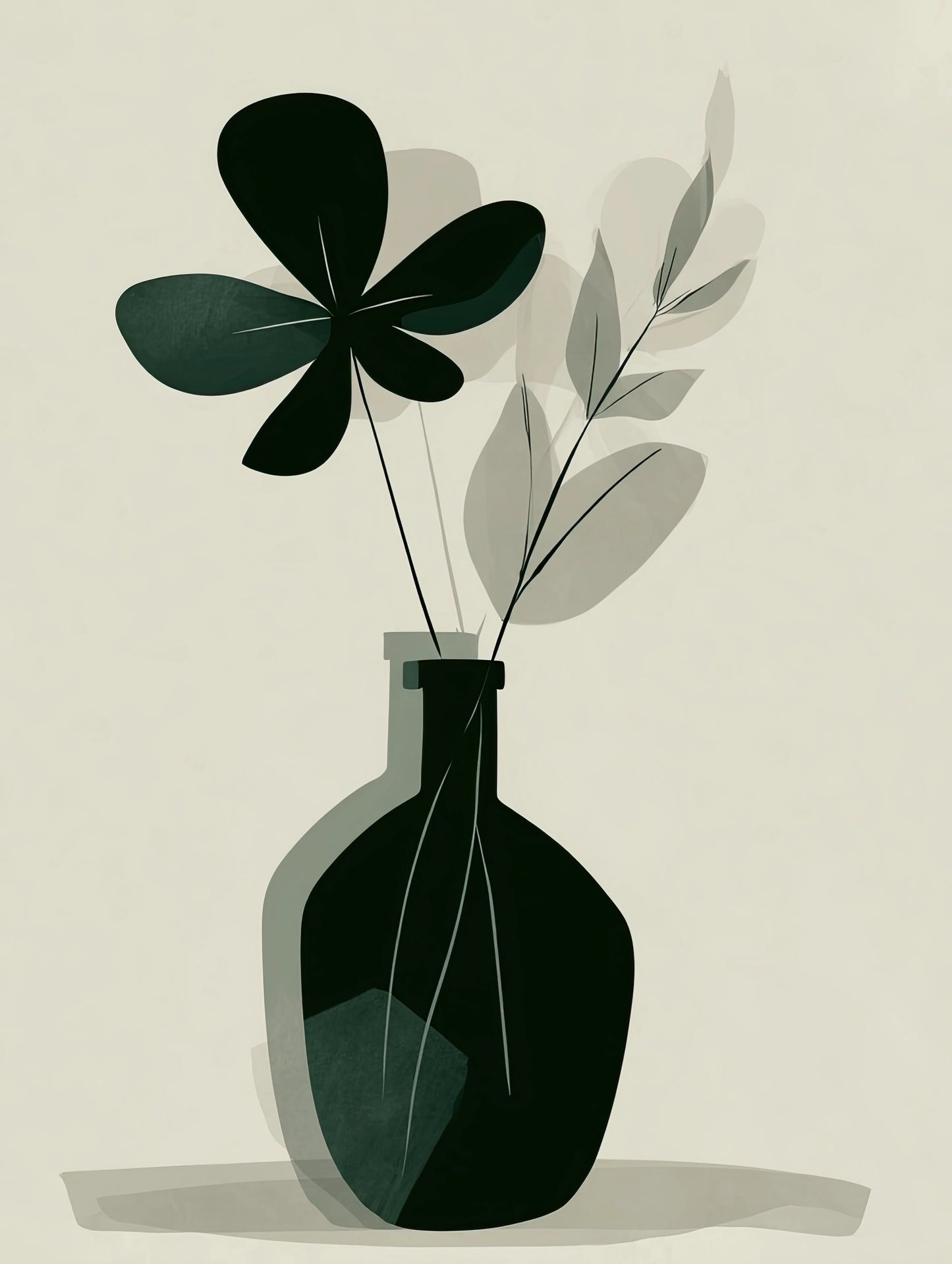 Volledig textielkunstwerk met abstracte donkergroene vaas en botanische vormen in zachte tinten