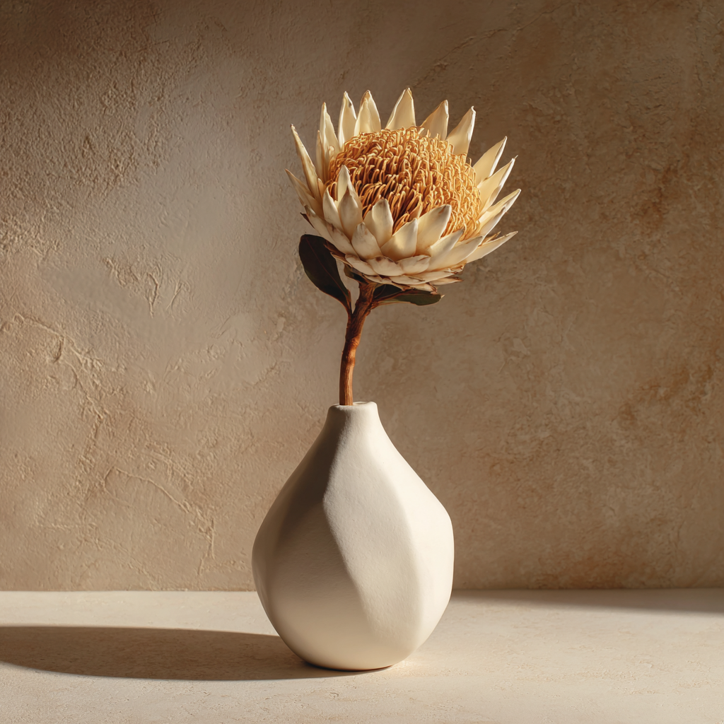 Volledig kunstwerk Eenzaam Goud met een enkele bloem in warme tinten, minimalistisch en verfijnd van sfeer.