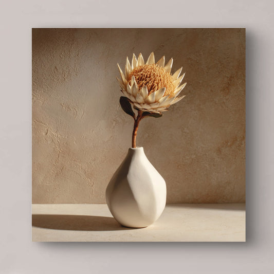 Detail van het kunstwerk Eenzaam Goud met een enkele goudgetinte bloem in een witte vaas tegen een zachte achtergrond.