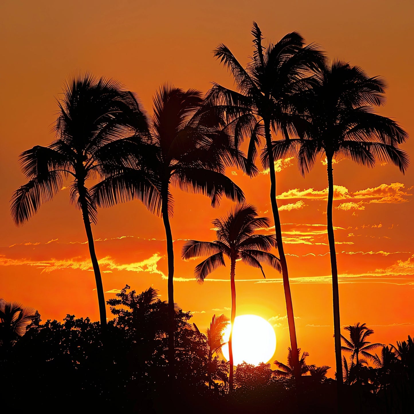 Volledig kunstwerk met tropische zonsondergang, silhouetten van palmbomen en vurige lucht