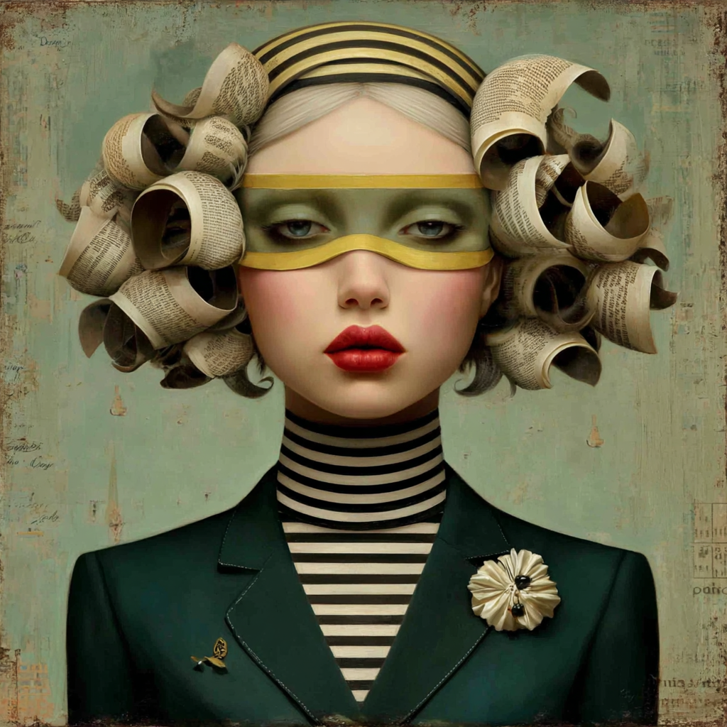 Volledige weergave van Elaris, portretkunst met gestreepte accenten en poëtische uitstraling