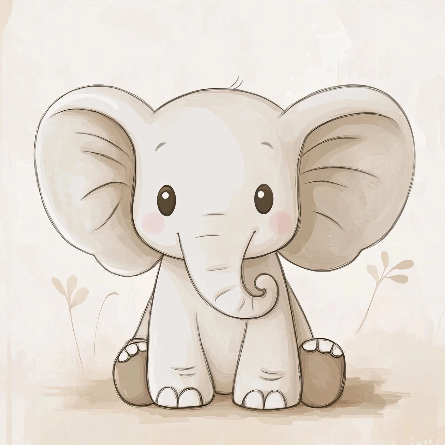 Volledige illustratie van een zittende babyolifant met een vriendelijke uitstraling, op een lichte achtergrond in zachte kleuren.