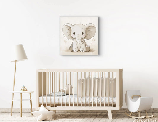 Detailweergave van een schattige, zittende olifant met grote oren en lieve ogen, getekend in zachte, aardse tinten.