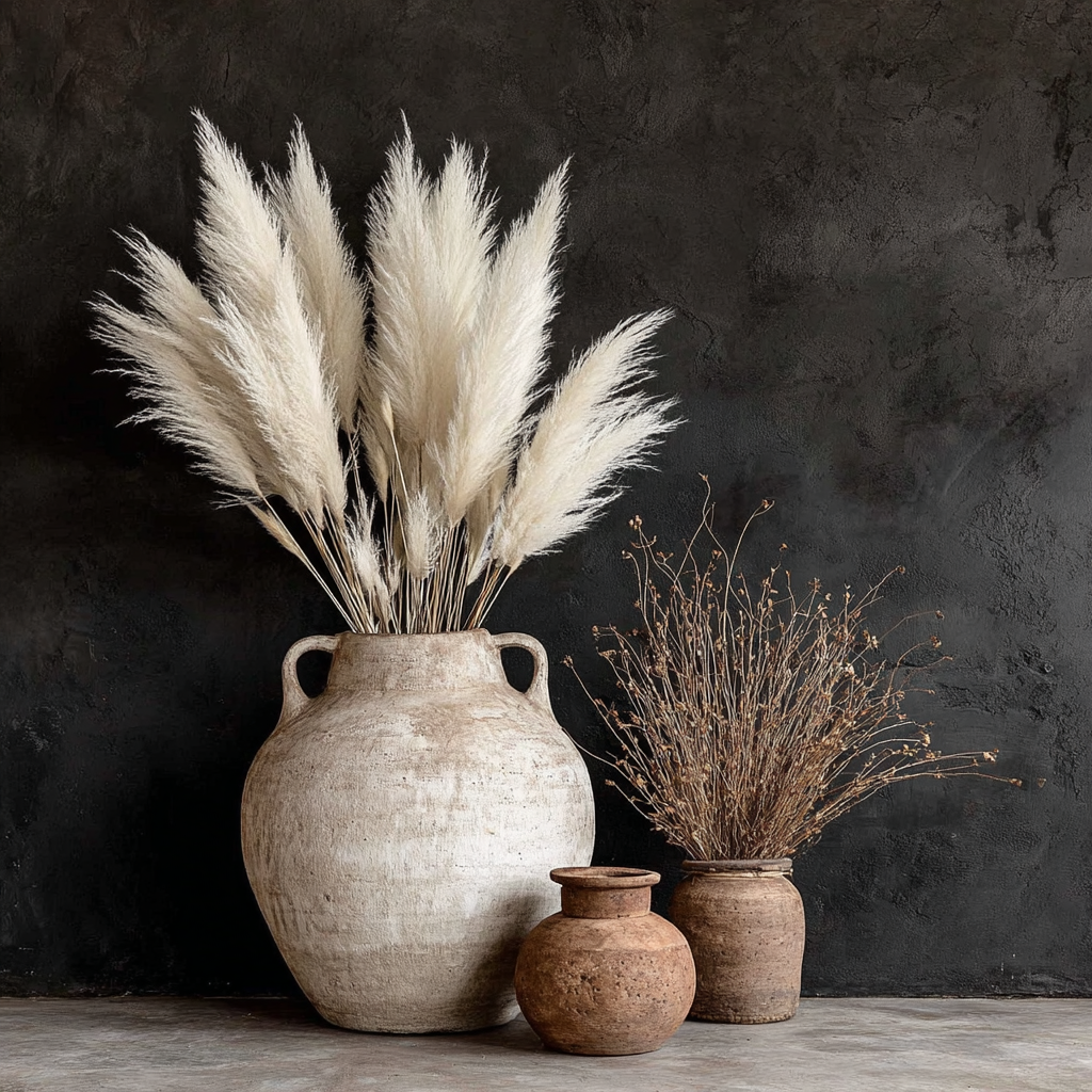 Volledig kunstwerk Erfenis van Steen met stilleven van kruiken, pluimen en takken tegen donkere achtergrond