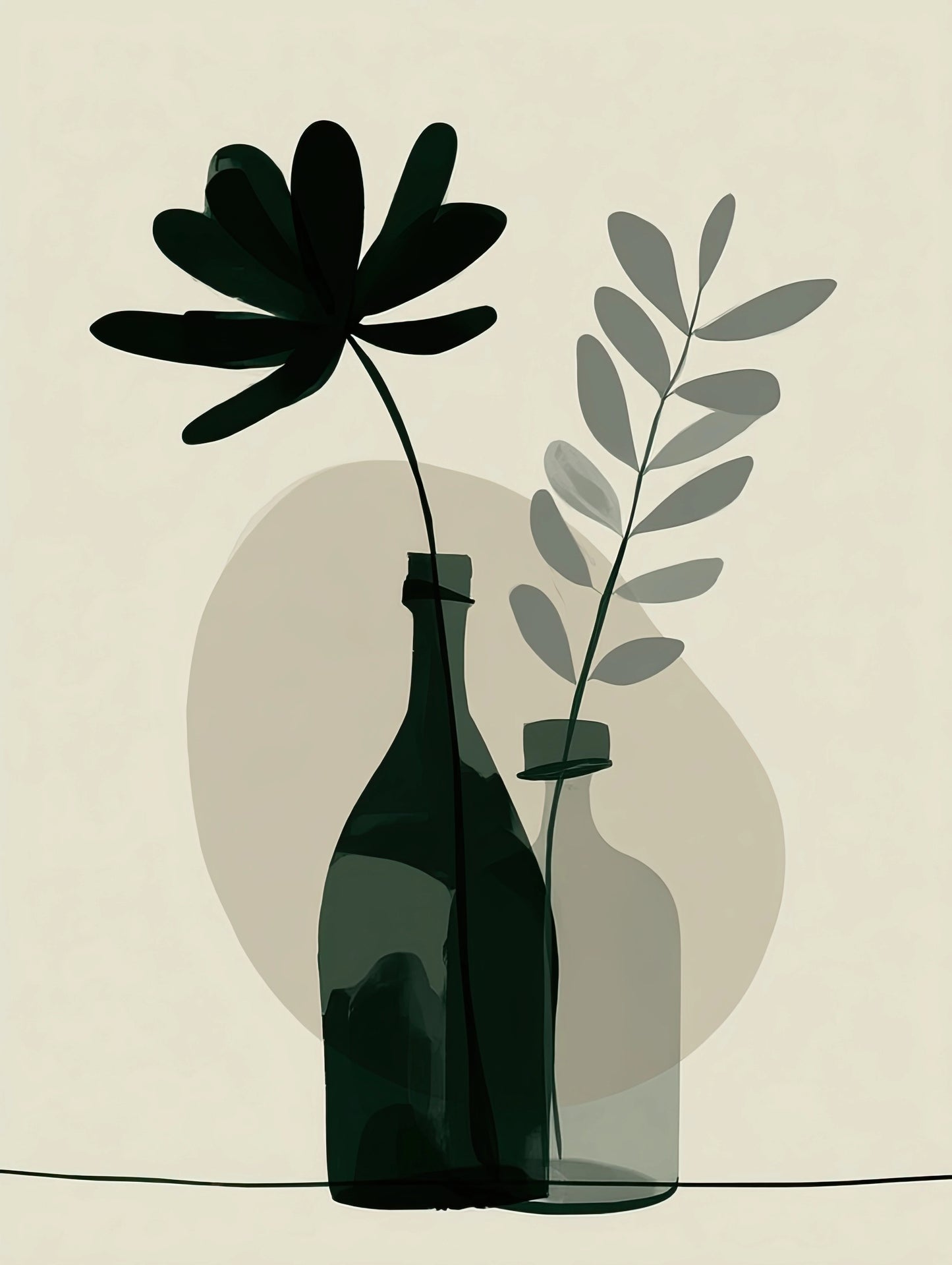 Volledig textielkunstwerk met abstracte flessen en bladeren in groen en zandkleurige tinten