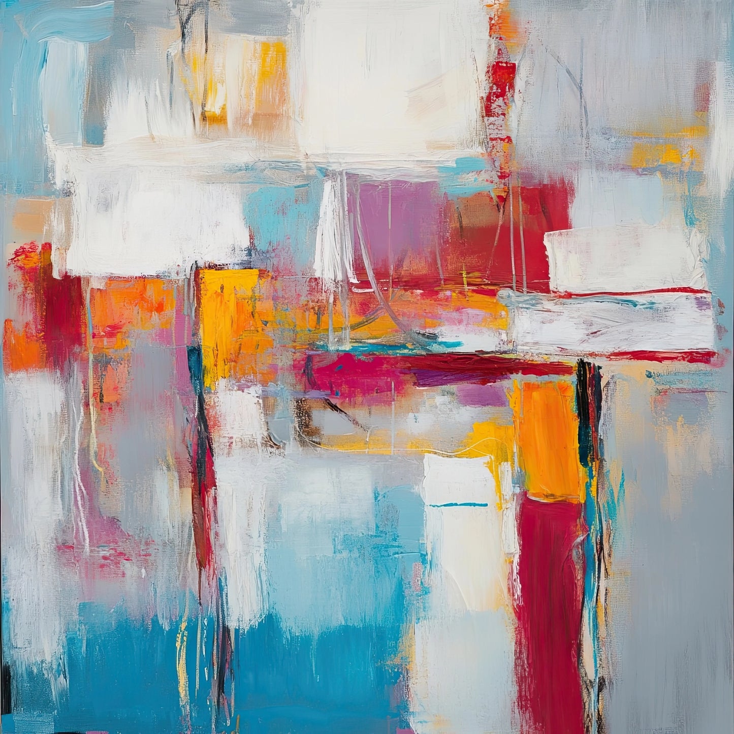 Volledige afbeelding van moderne muurkunst met dynamische kleurvlakken en krachtige energie