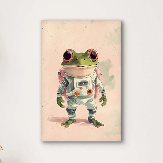 Detailweergave van een groene kikker met grote ogen in een ruimtekostuum met knoppen en zuurstoftank, tegen een lichtroze achtergrond.