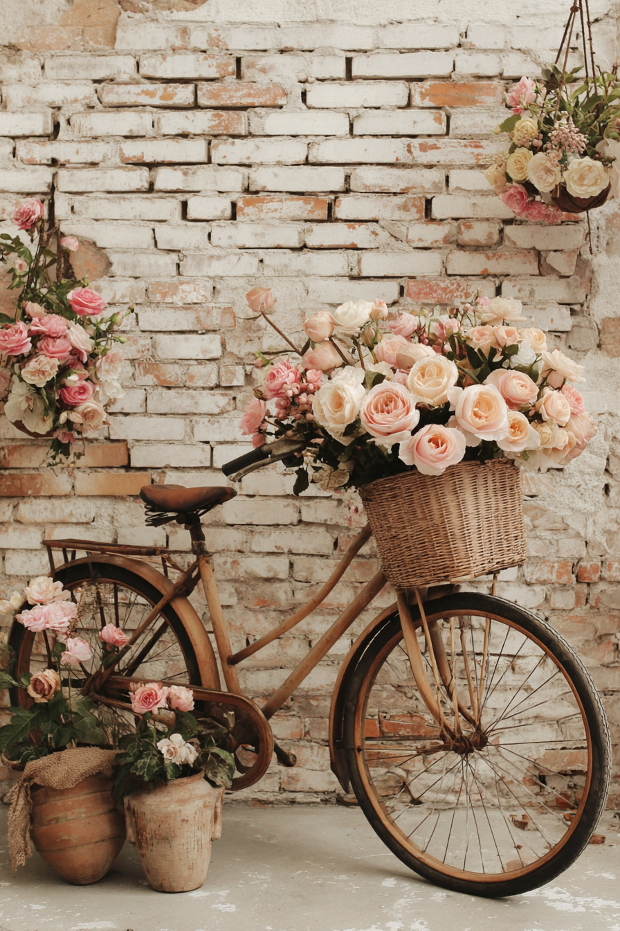 Volledig kunstwerk Fiets vol Rozen met stilleven van fiets en bloeiende rozen in manden