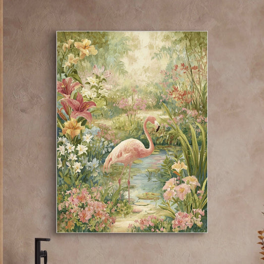Detailopname van Flamingo Hof met flamingo tussen kleurrijke bloemen