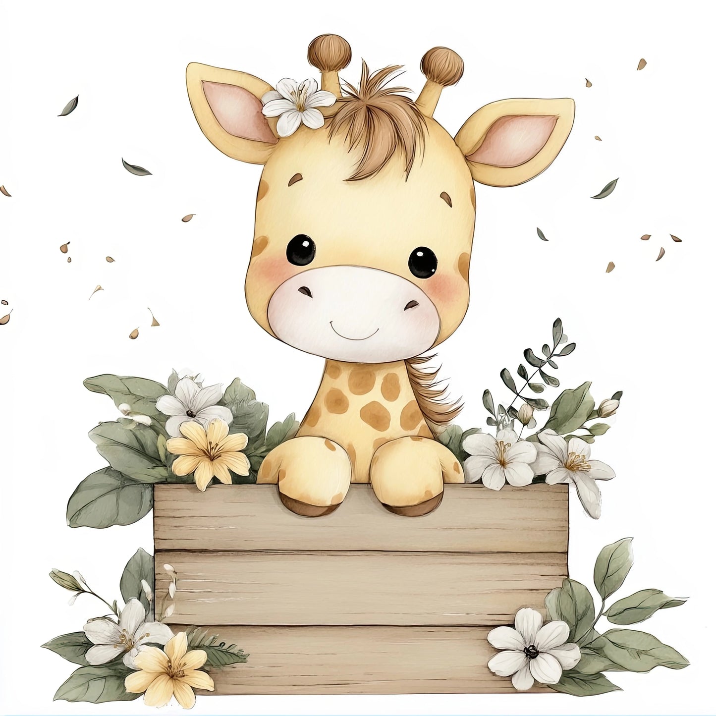 Volledige illustratie van een schattig girafje met bloemen, omringd door zachte bladeren en bloesem, in een dromerige stijl.
