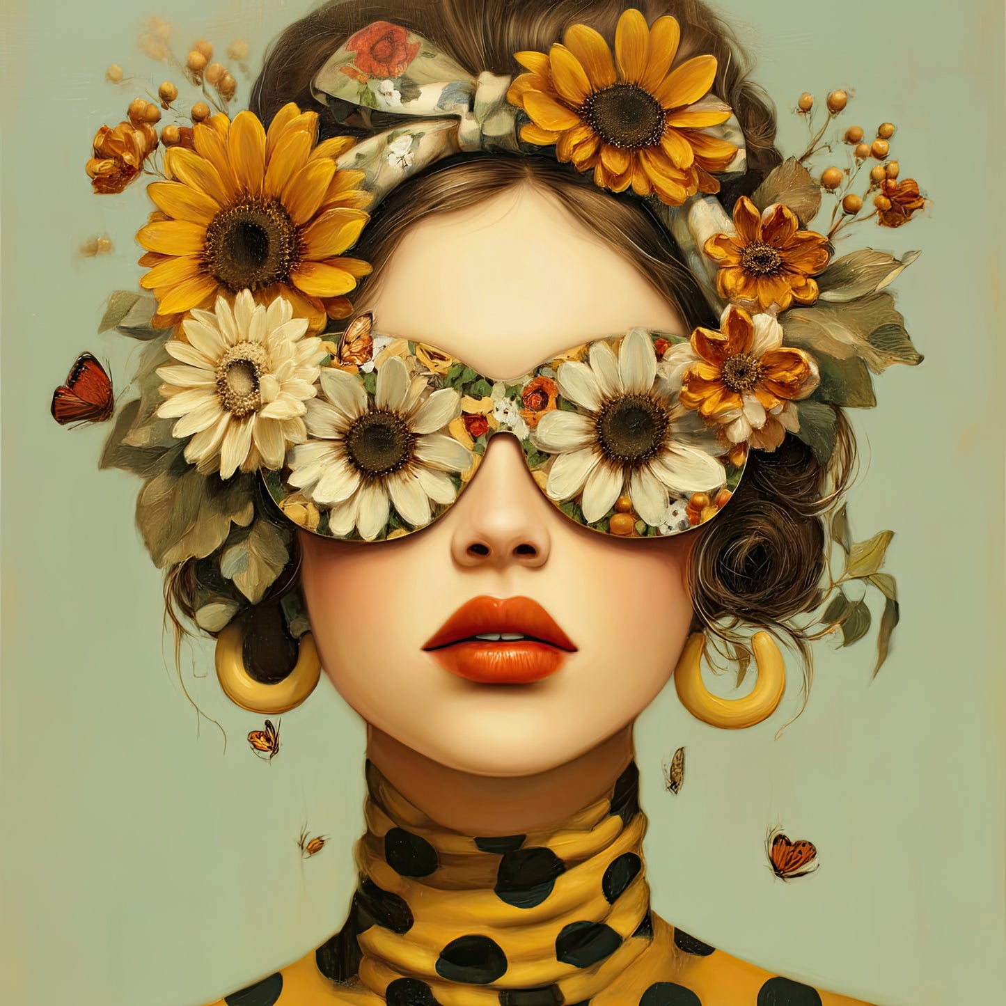 Volledige weergave van Floranza, vrouwelijk portret met bloemen, bril en zomerse kleuren