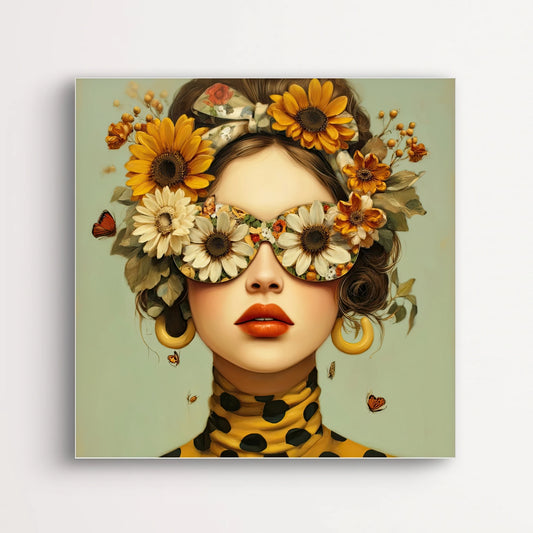 Detail van Floranza met zonnebloemen in haar en madeliefjes als bril