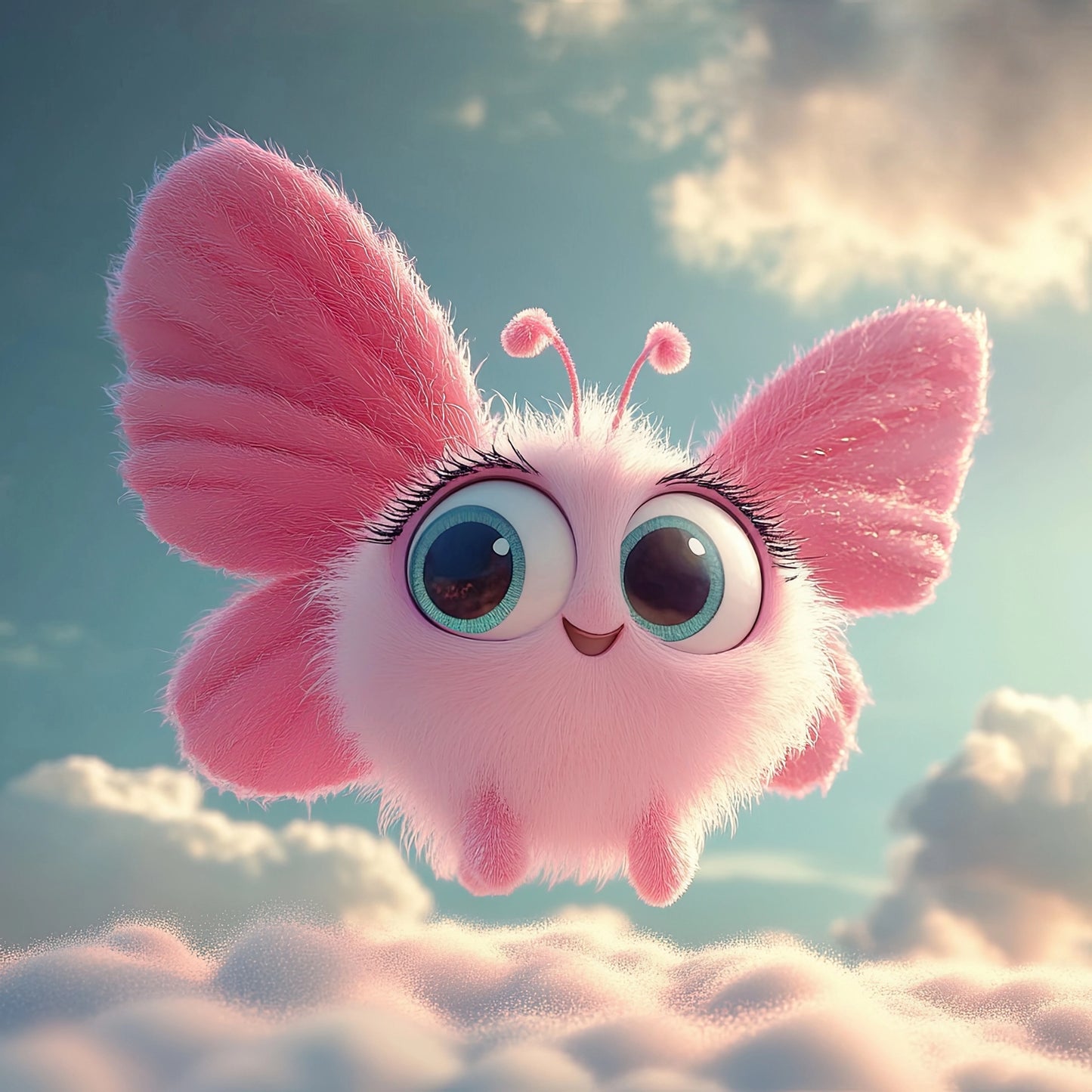 Volledige illustratie van een vrolijke roze vlinder met pluizige vleugels, dansend boven wolken in een droomachtige hemel.