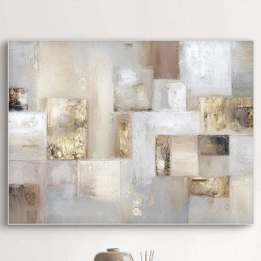 Detail van schilderij Fluister van Goudstof met goudaccenten en zachte neutrale texturen