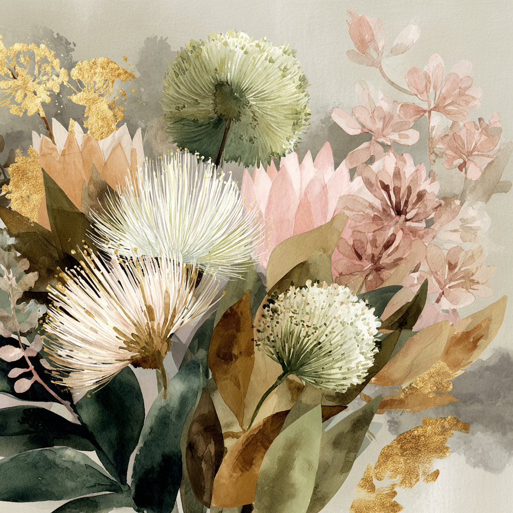 Volledig kunstwerk Fluisterbloei met bloemcompositie in pastelkleuren en gouden accenten