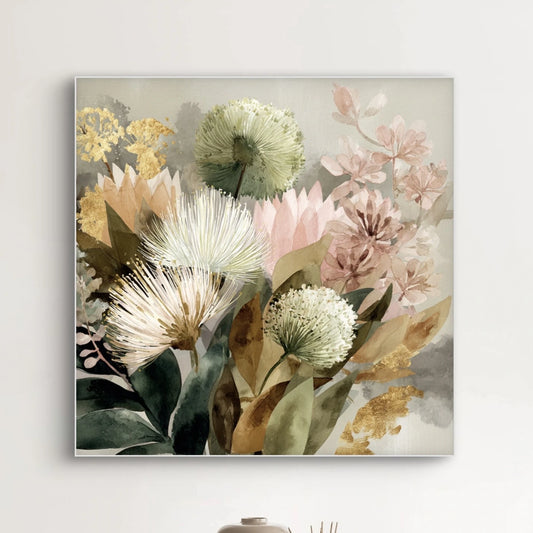 Detailopname van kunstwerk Fluisterbloei met zachte bloemen in groen, roze en goudtinten