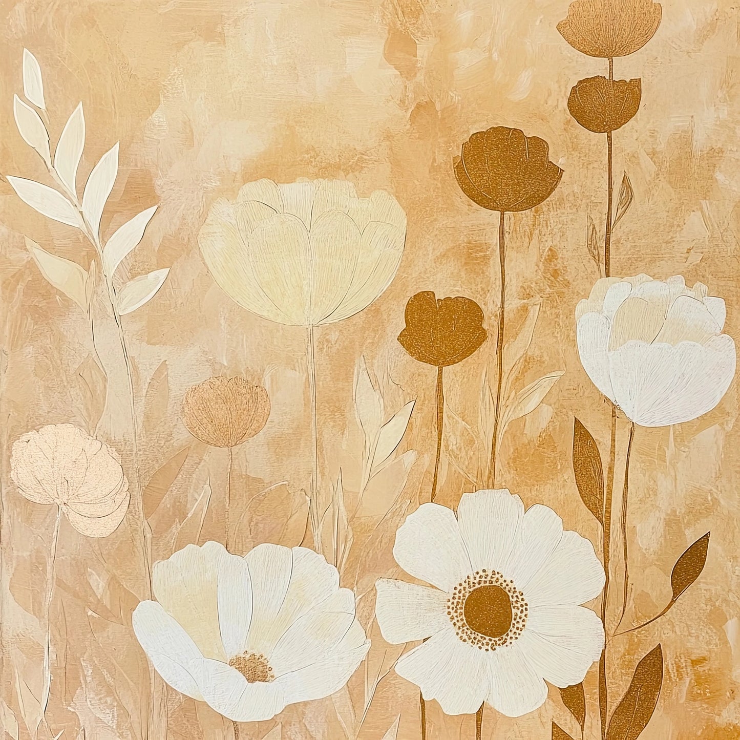 Kunstwerk met gestileerde bloemen in warme neutrale tinten en zachte penseelstreken