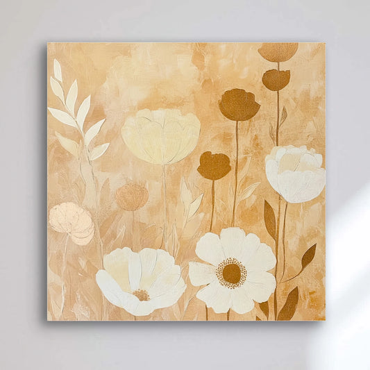 Detail van bloemillustratie in beige, crème en bruintinten met schilderachtige textuur