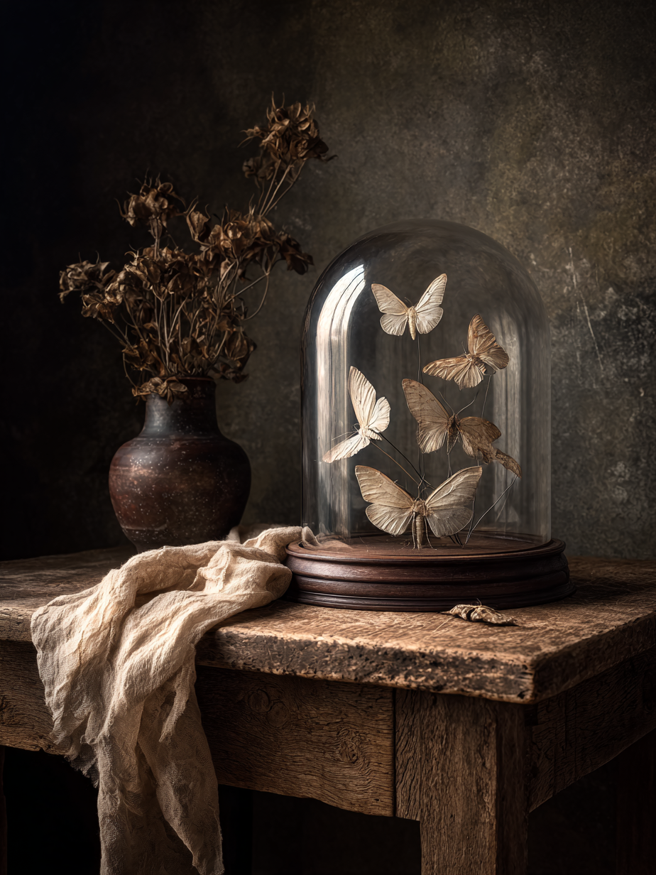 Detailopname van kunstwerk Fluistering van Vleugels met vlinders onder glazen stolp