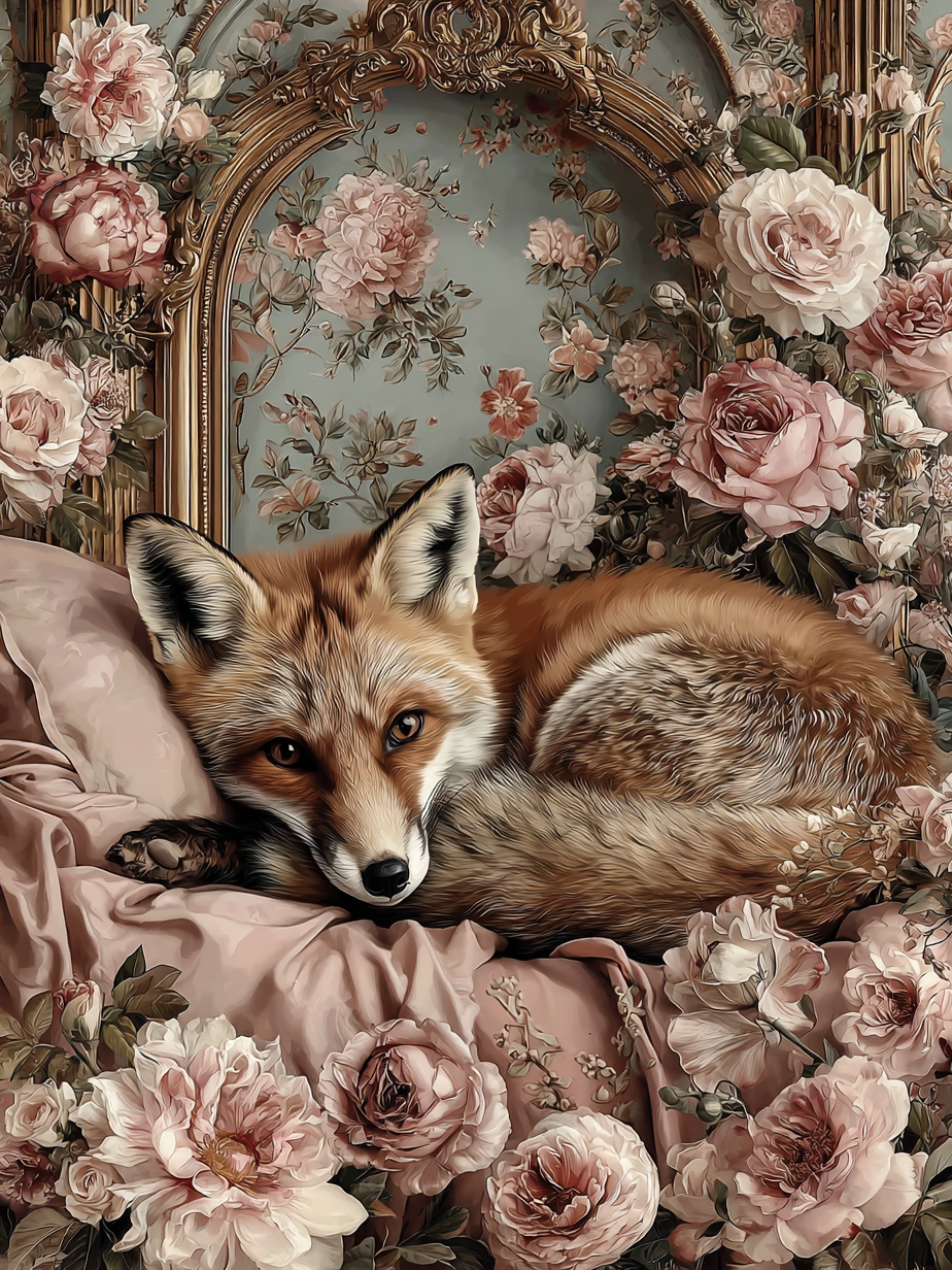 Fluweelvos, vos liggend tussen rozen in romantisch klassiek ontwerp