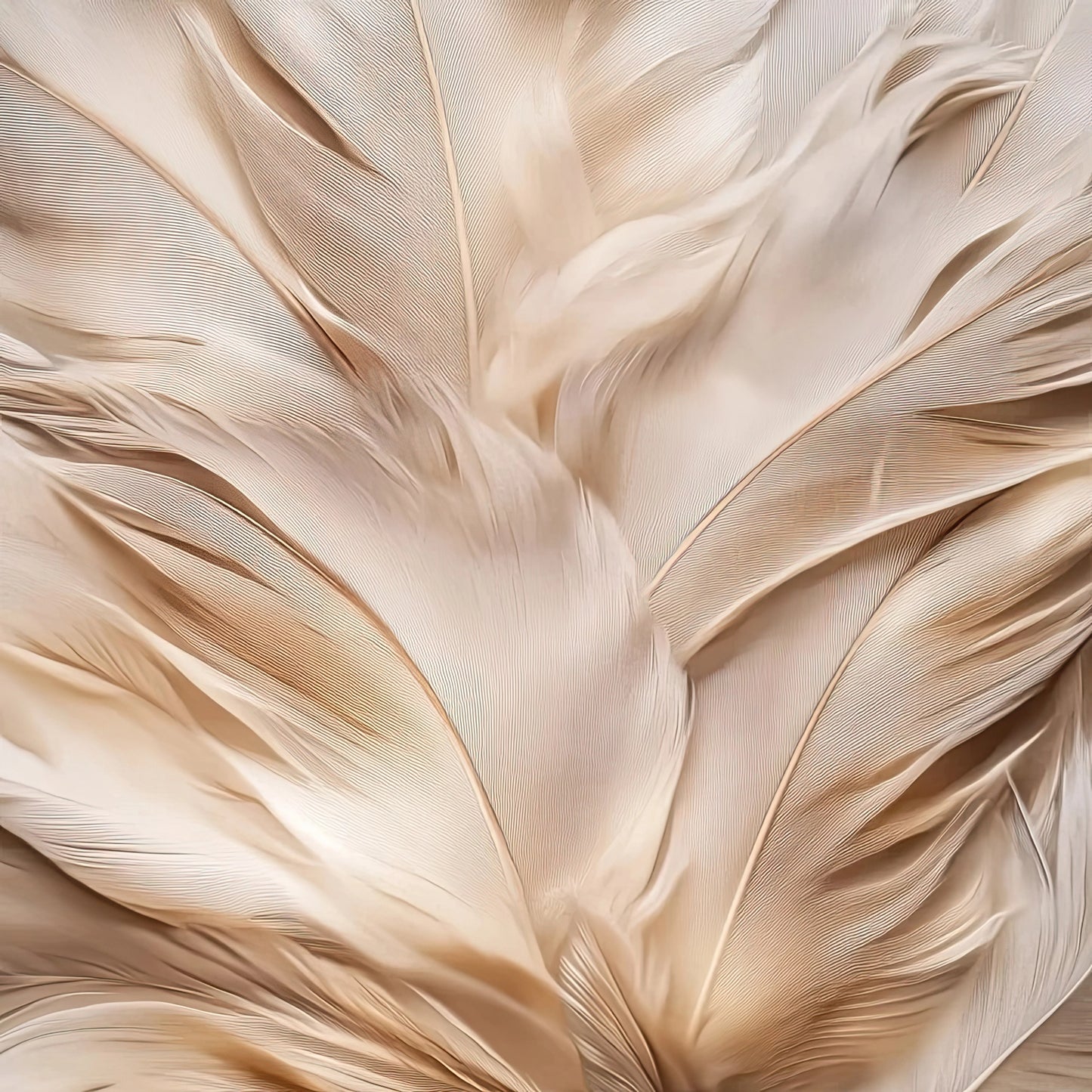 Kunstwerk met gestileerde veren in zachte kleuren en subtiele beweging voor rustgevende sfeer