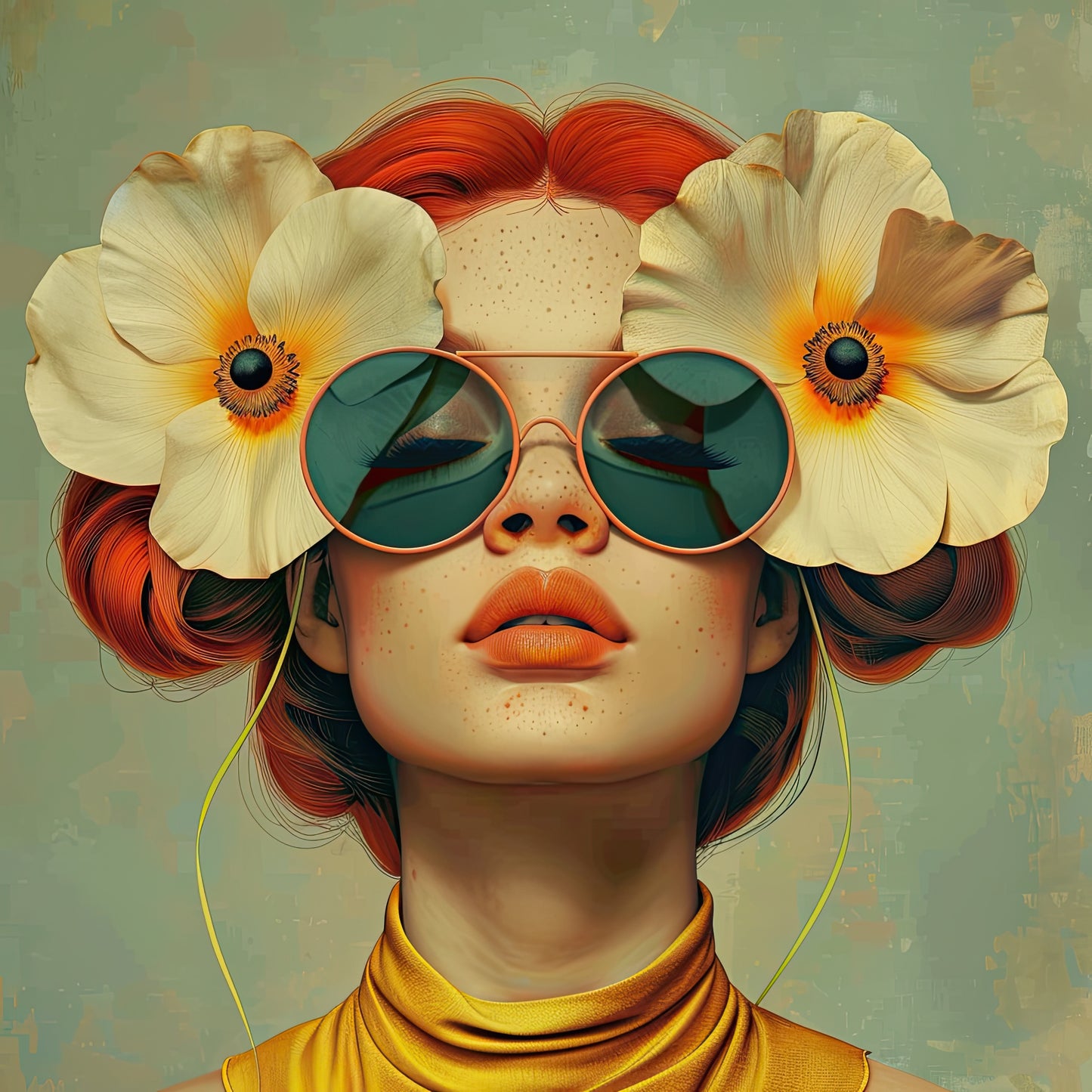 Volledige weergave van Freckled Sun, retro portret met bloemen, zonnebril en zomerse uitstraling