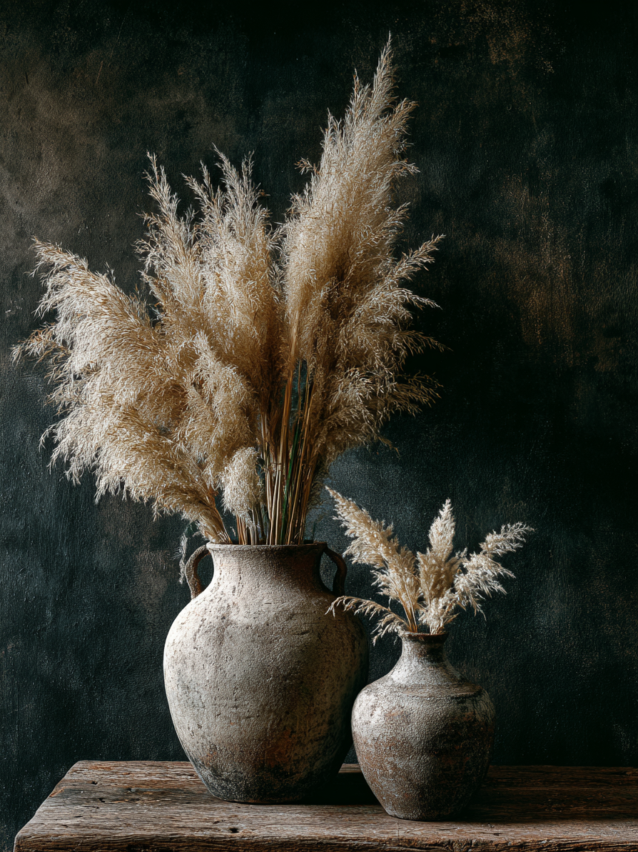 Volledig kunstwerk Gefluister van Steen met stilleven van kruiken en pluimen tegen donkere achtergrond