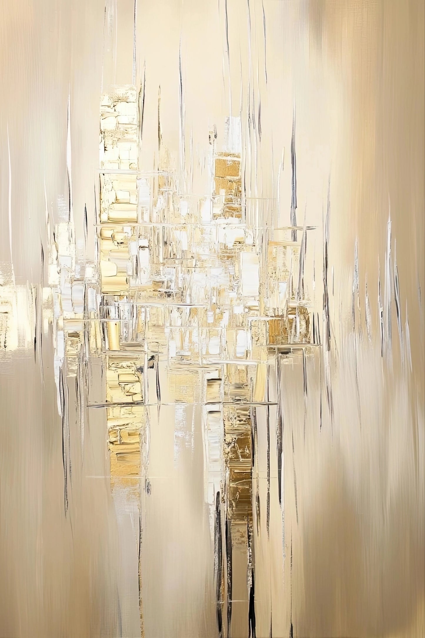 Volledige afbeelding van abstracte muurkunst met geometrische accenten in goud en crème