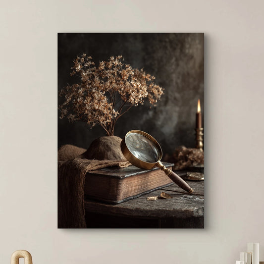 Detailopname van kunstwerk Geheugen van Papier met oud boek, vergrootglas en kaars