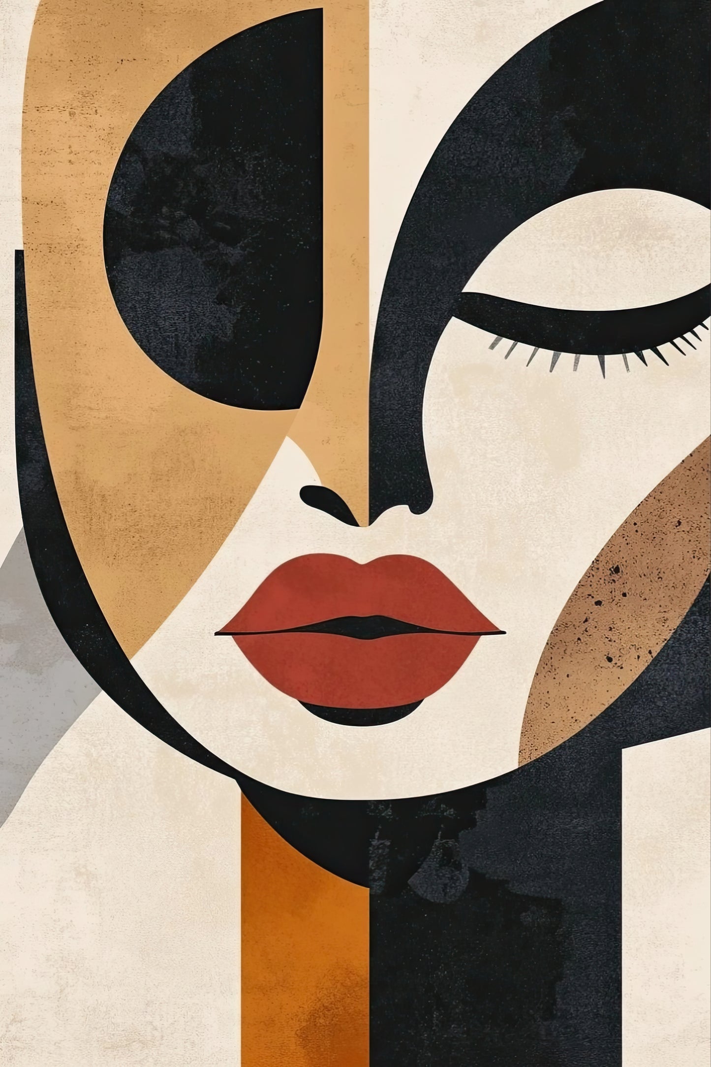 Volledige weergave van Geometric Grace, abstract portret in zwart, wit en aardetinten met moderne vormen