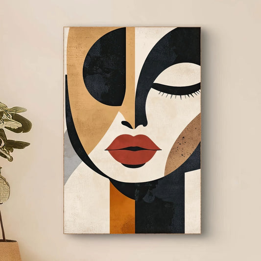Detail van Geometric Grace met geometrisch vrouwengezicht en rode lippen