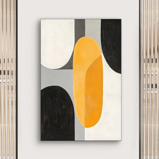 Detail van abstracte kunst met ronde en rechthoekige vlakken in warme en neutrale tinten