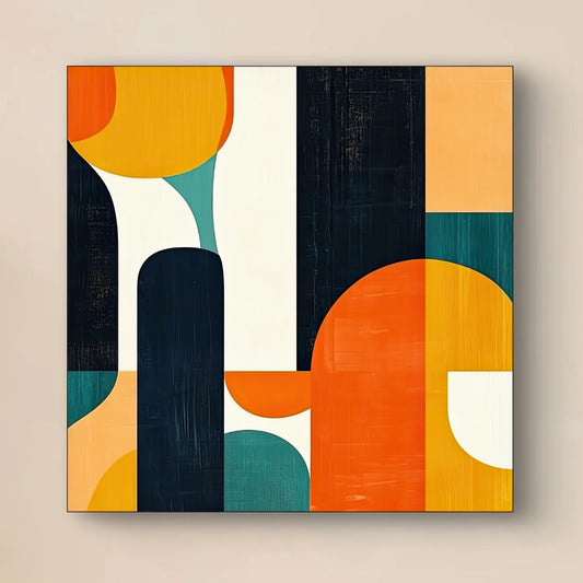 Detail van geometrisch kunstwerk met speelse vormen en levendige kleuren op textiel