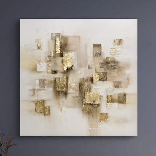 Detail van abstract schilderij met glanzende gouden vlakken in beige en witte tinten