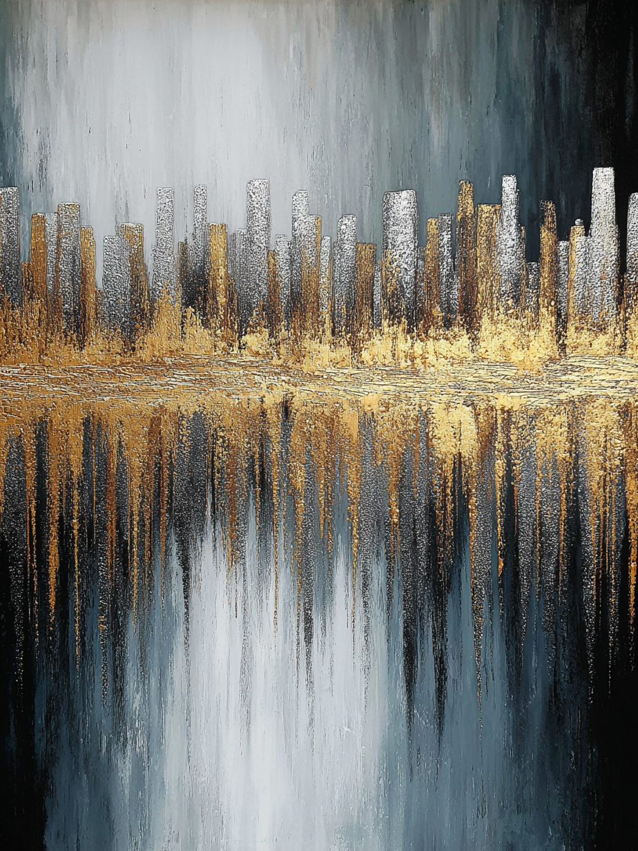 Abstracte compositie in goud, grijs en zwart met spiegelende gloed en verticale lijnen