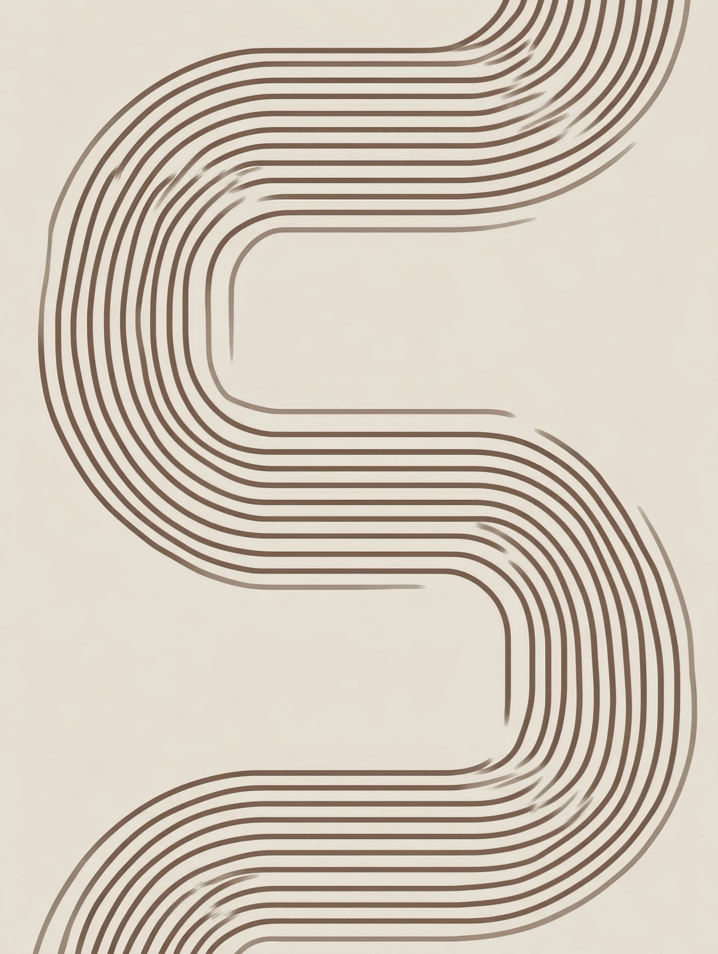 Volledig textielkunstwerk met symmetrische golvende lijnen in een S-vorm op neutrale achtergrond