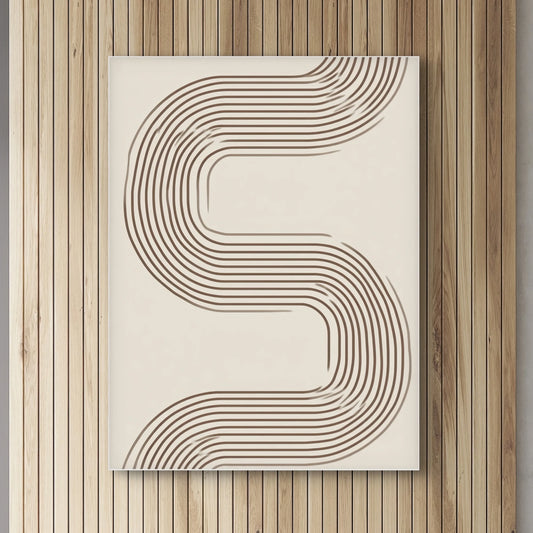 Detail van abstract kunstwerk met ritmisch gebogen bruine lijnen op licht canvas