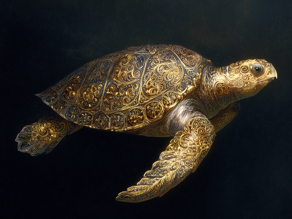 Volledige weergave van Gouddrager met vergulde schildpad in donkere diepte