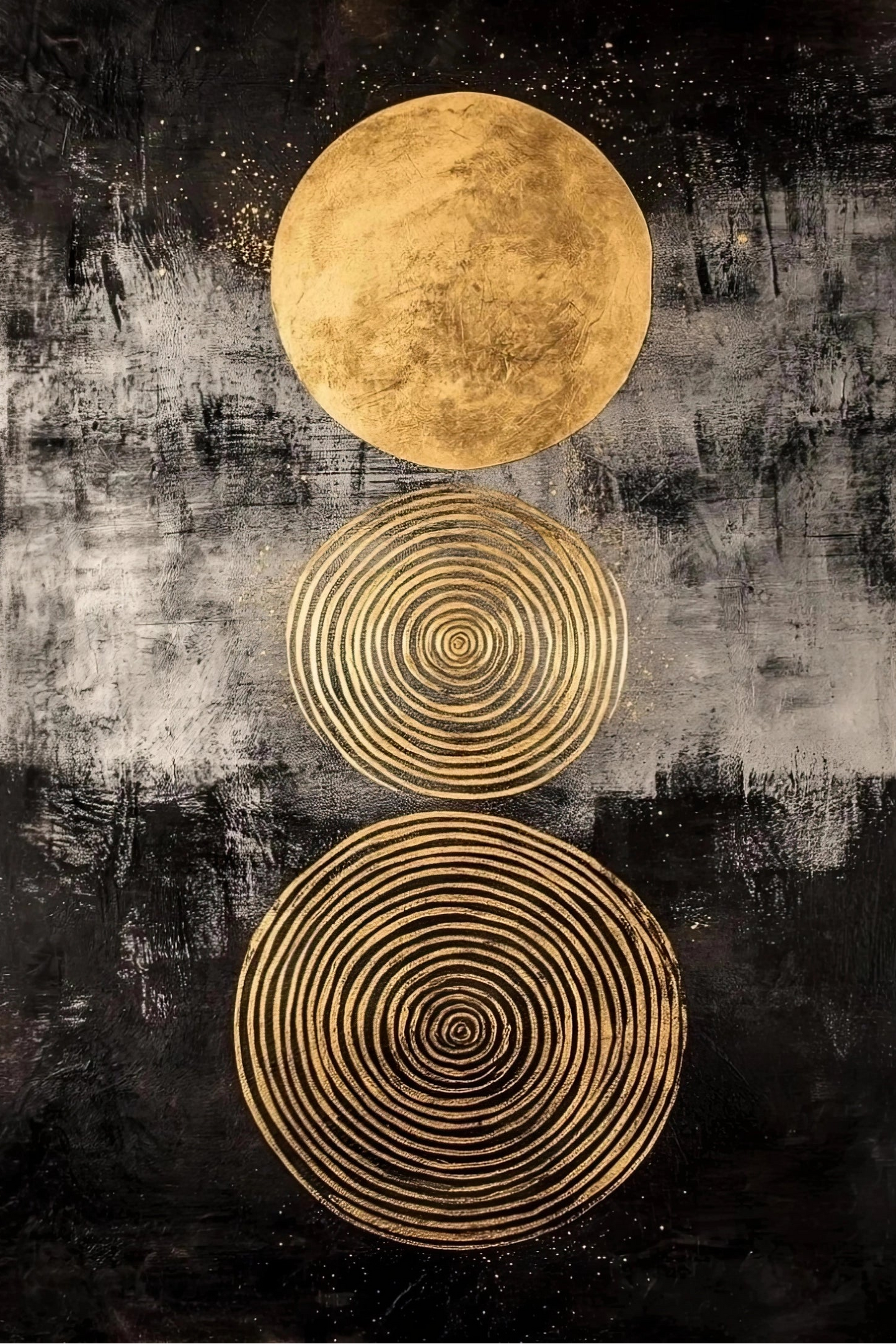 Volledige afbeelding van moderne muurkunst met gouden cirkelvormen en donkere textuur