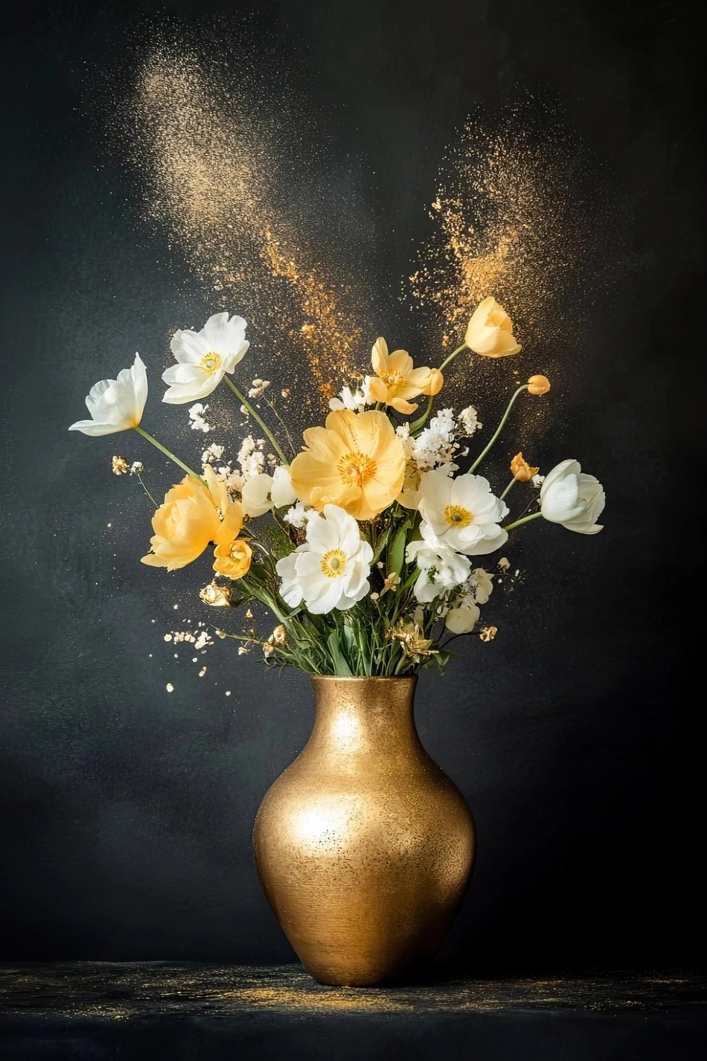 Volledige weergave van Gouden Moment met bloemen in gouden vaas en glinsterend effect