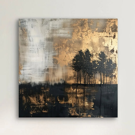 Detail van kunstwerk met gouden glans over silhouetten van bomen en abstracte textuur