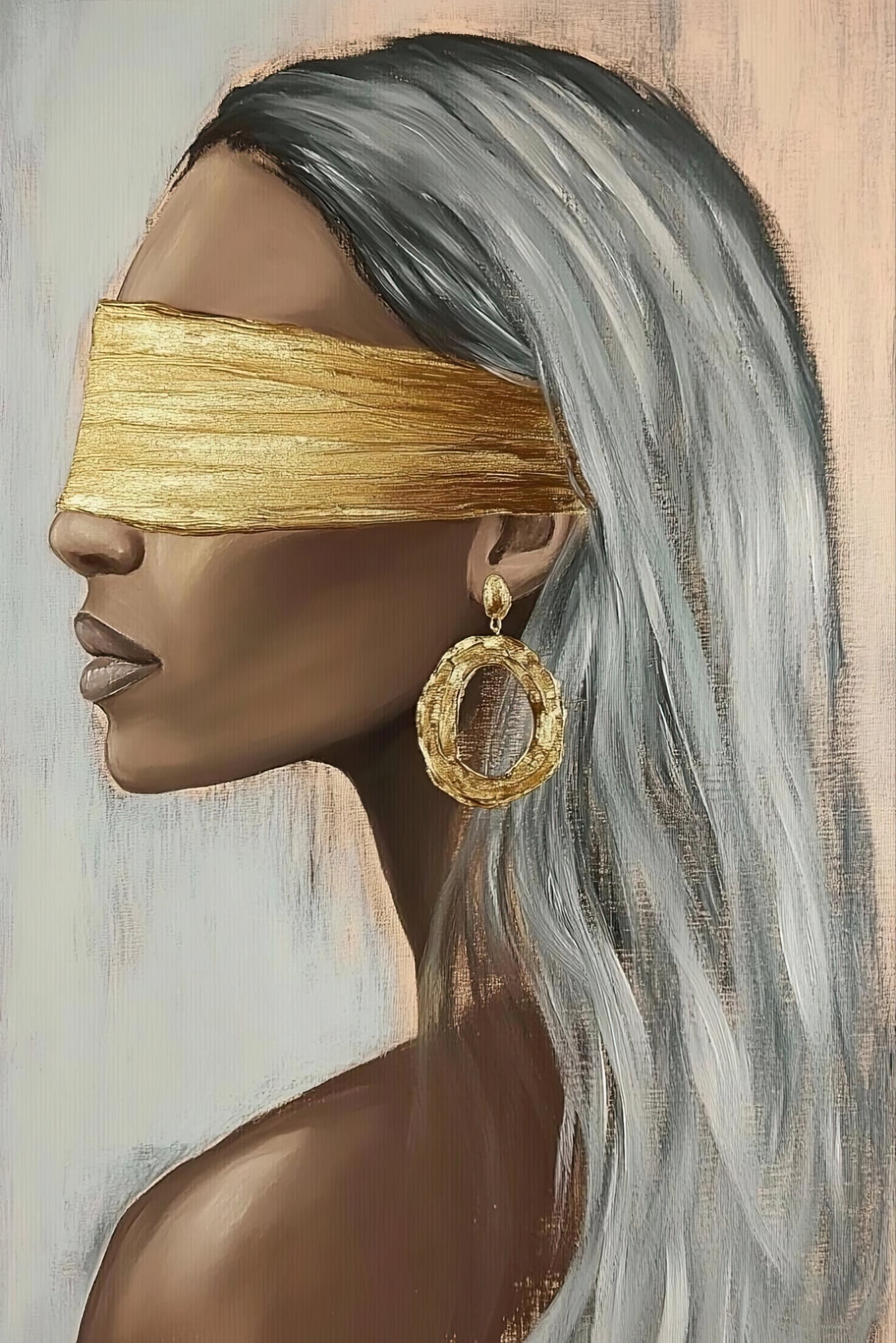 Volledige weergave van Gouden Stilte met vrouw in zijaanzicht, lang haar en gouden details