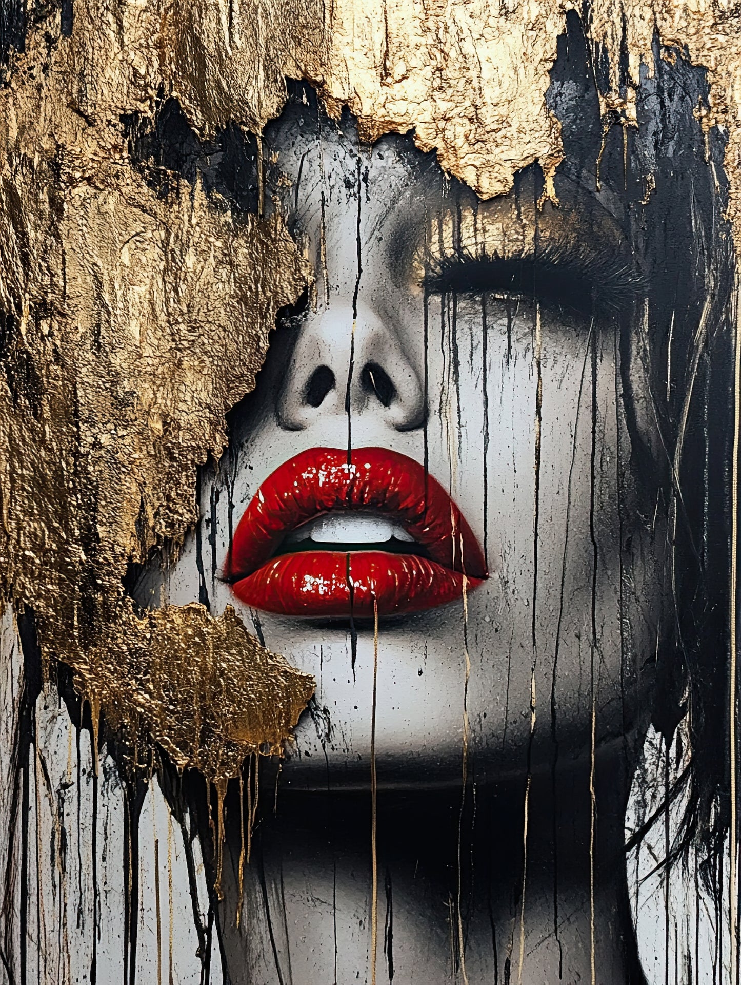 Volledige weergave van Goud en Stilte, vrouwelijk portret in zwart-wit met rode lippen en bladgoud