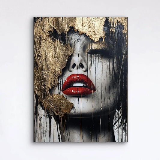 Detail van Goud en Stilte met rood gestifte lippen en goudaccenten over zwart-wit portret